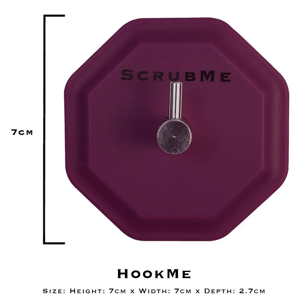 ScrubMe HookMe Passionate Purple hook size guide graphic showing the adhesive wall hook measures 7 centimetres square.