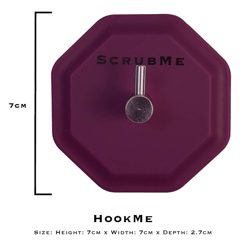 ScrubMe HookMe Passionate Purple hook size guide graphic showing the adhesive wall hook measures 7 centimetres square.