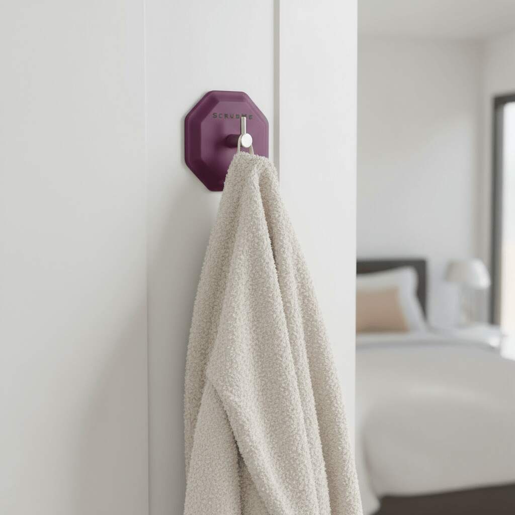 ScrubMe HookMe Passionate Purple hook holding a fluffy cream towel by a bedroom doorway.