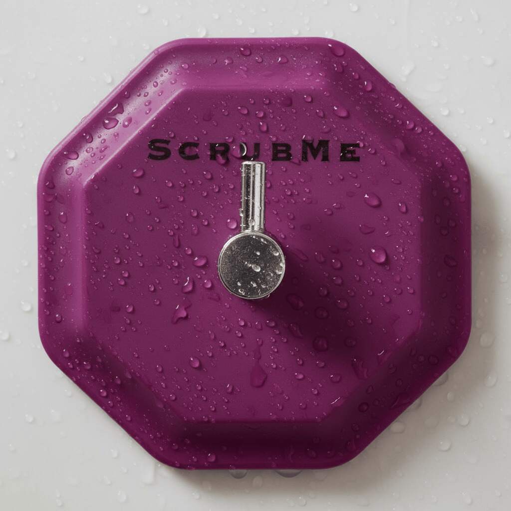 Front hero shot of ScrubMe HookMe Passionate Purple hook on white bathroom tiles.