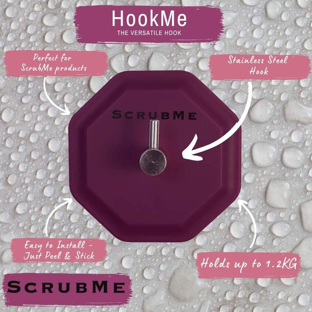 HookMe Passionate Purple marketing graphic showing features of the ScrubMe versatile hook for bathrooms and kitchens.