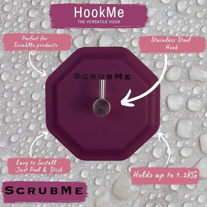 HookMe Passionate Purple marketing graphic showing features of the ScrubMe versatile hook for bathrooms and kitchens.