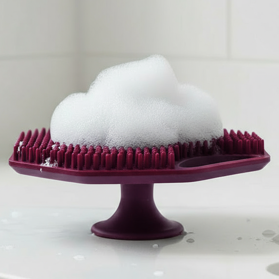 Passionate Purple ScrubMeFace with soap suds in modern bathroom