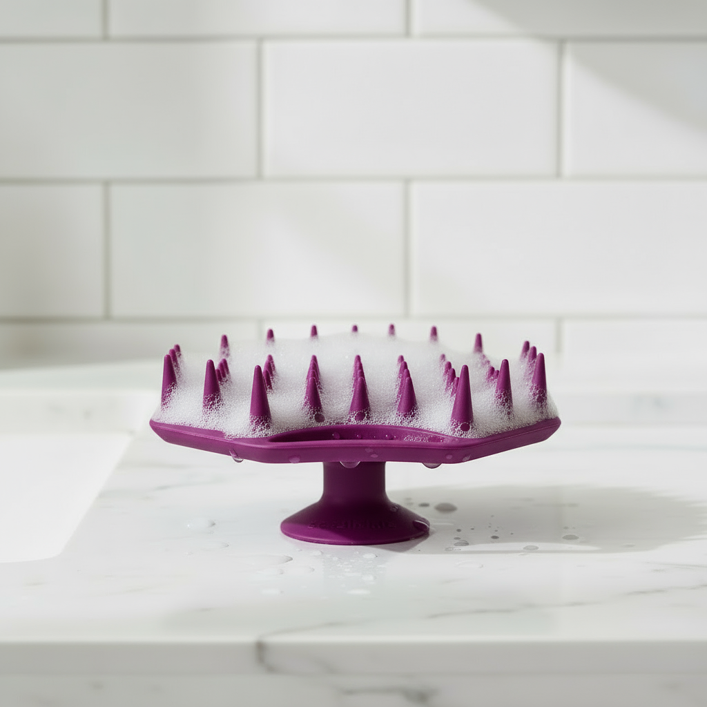 Passionate Purple ScrubMeScalp on marble counter