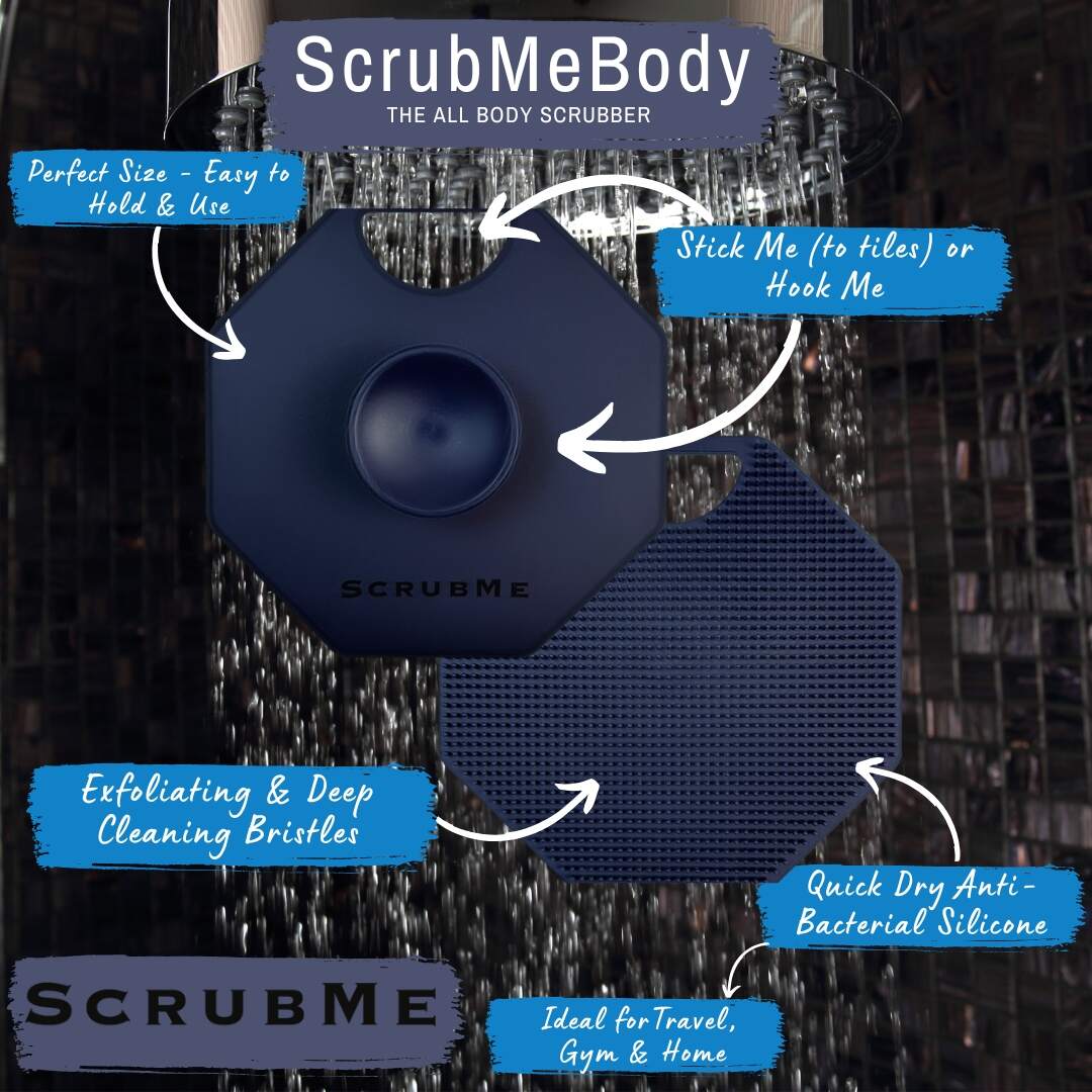 ScrubMeBody Breathtaking Blue all body scrubber graphic in a shower setting showing front and back with text highlighting exfoliating bristles, quick-dry antibacterial silicone and travel-friendly design.