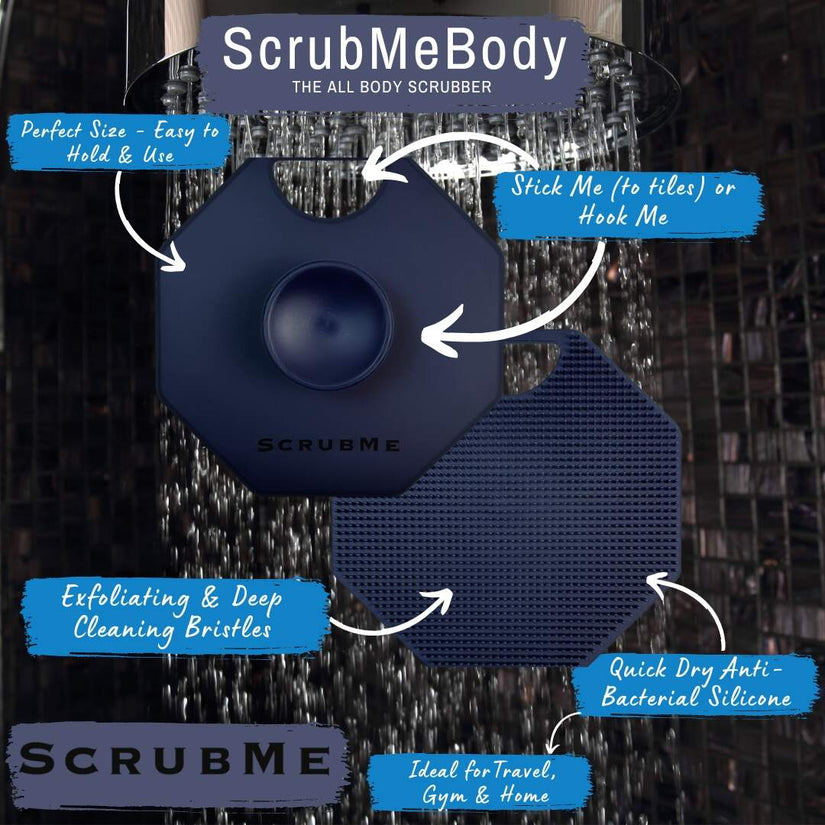 ScrubMeBody Breathtaking Blue all body scrubber graphic in a shower setting showing front and back with text highlighting exfoliating bristles, quick-dry antibacterial silicone and travel-friendly design.