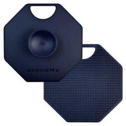 ScrubMeBody Breathtaking Blue silicone body scrubber shown front and back on a white background to display both the smooth handle side and exfoliating bristle side.