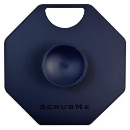 Front view of the ScrubMeBody Breathtaking Blue silicone body scrubber showing the ergonomic handle, central suction grip and ScrubMe logo.