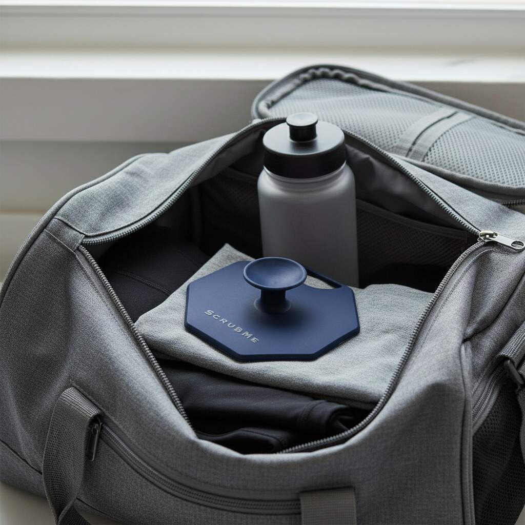 ScrubMeBody Breathtaking Blue body scrubber packed in a grey gym bag with workout clothes and a water bottle, ready for the gym or travel.