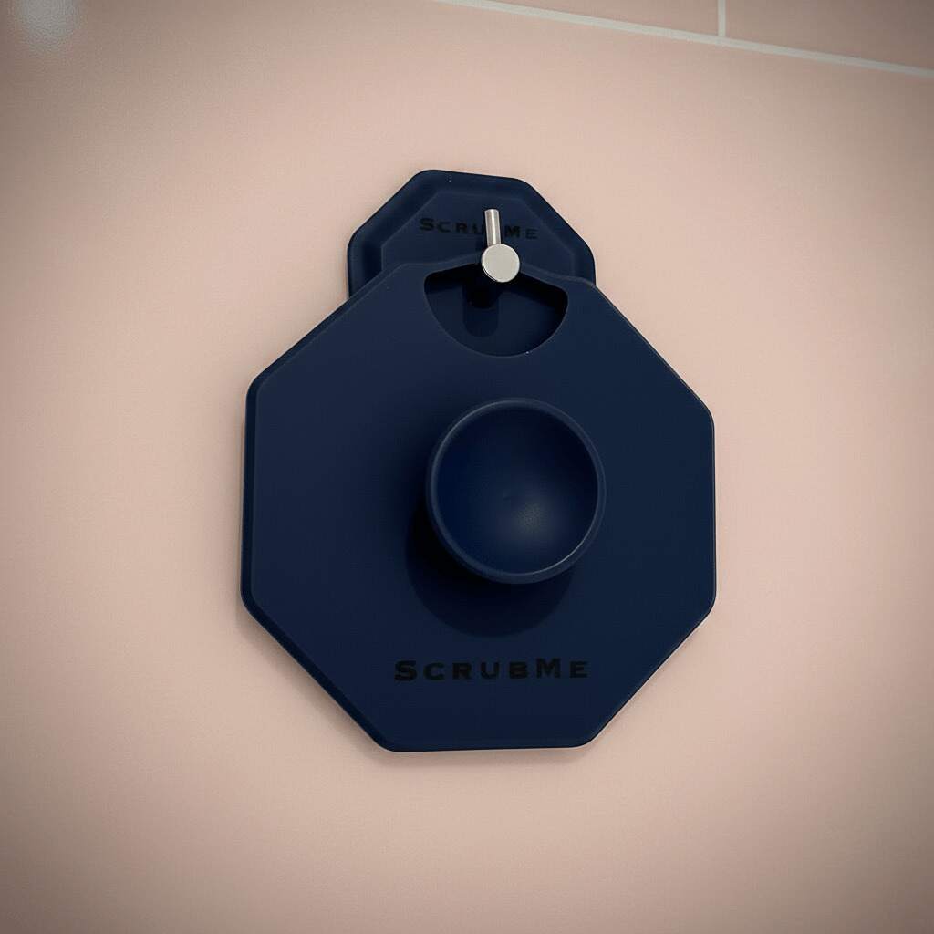 ScrubMeBody Breathtaking Blue silicone body scrubber displayed on a hook against blush pink bathroom tiles, ready to use in the shower.