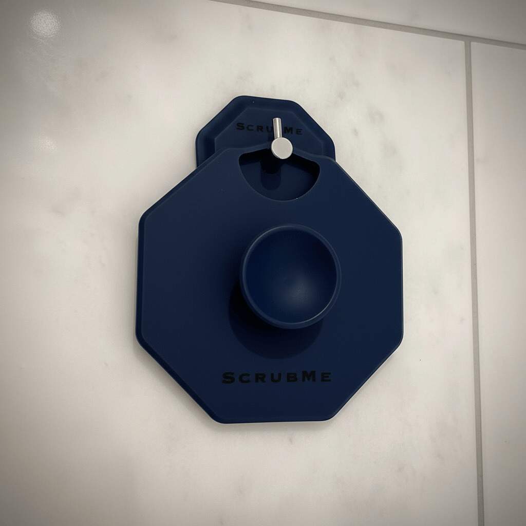 ScrubMeBody Breathtaking Blue silicone body scrubber hanging on a wall hook against white bathroom tiles, showing suction grip and handle.