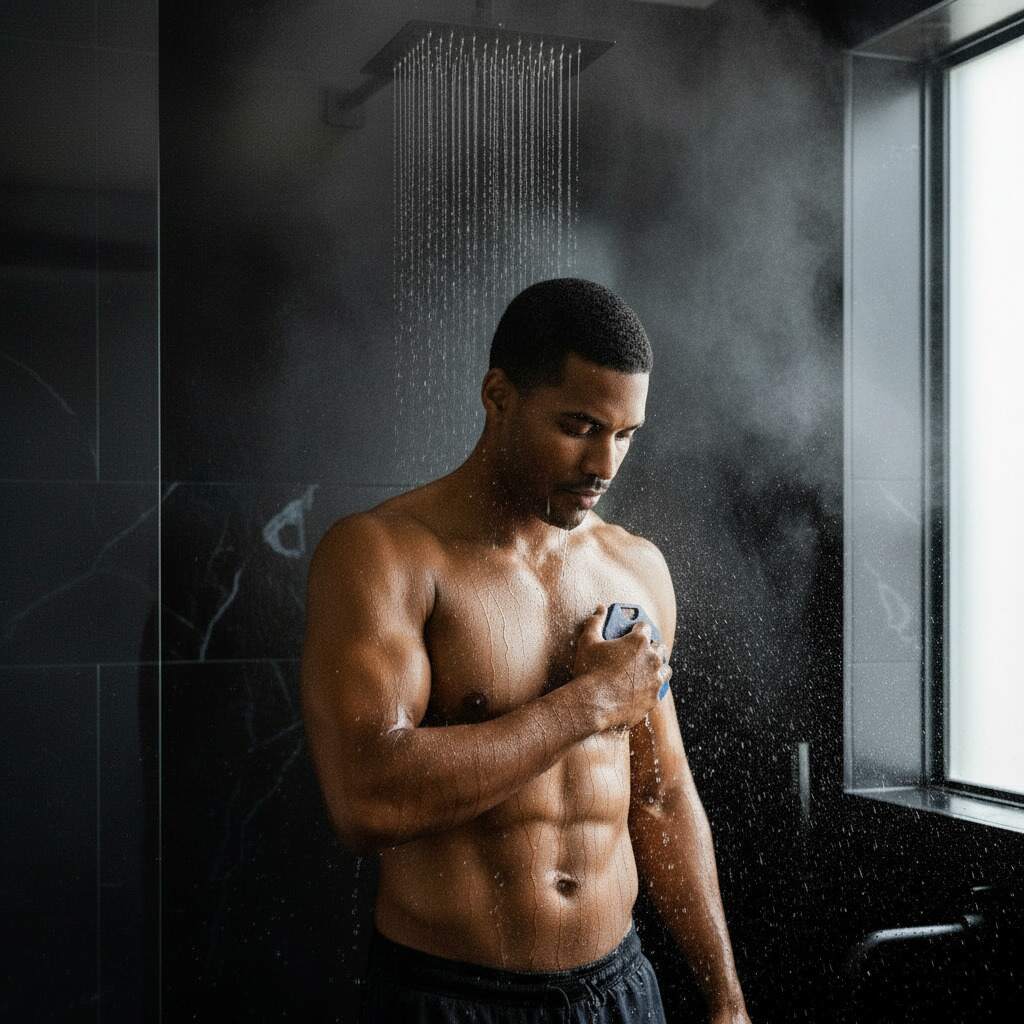 Fit man using the ScrubMeBody Breathtaking Blue silicone body scrubber to wash and exfoliate his chest under a rainfall shower.