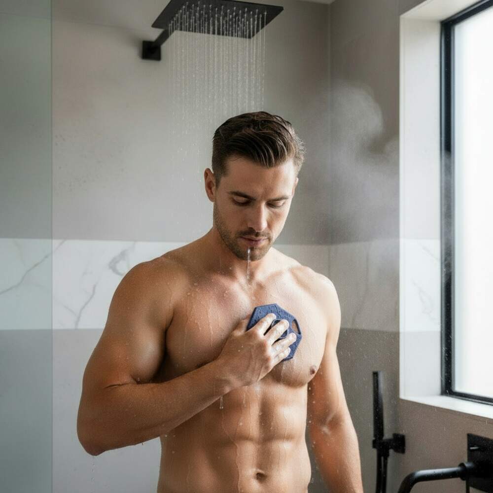 Man using the ScrubMeBody Breathtaking Blue silicone body scrubber to deeply cleanse his chest under a modern rainfall shower.