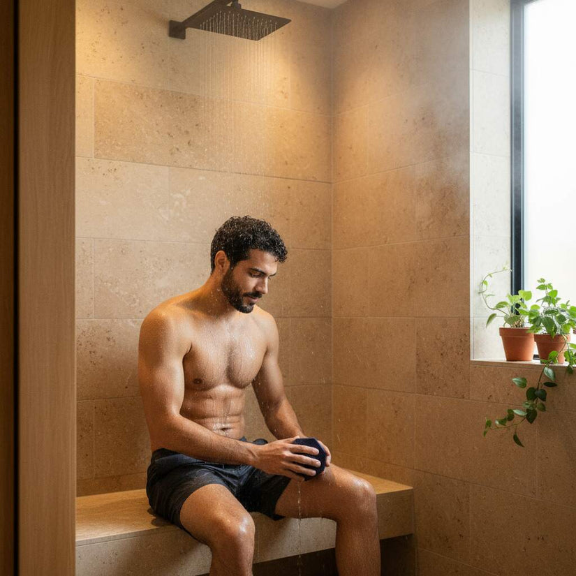Man relaxing on a tiled bench under a rainfall shower, holding the ScrubMeBody Breathtaking Blue silicone body scrubber in a steamy bathroom.