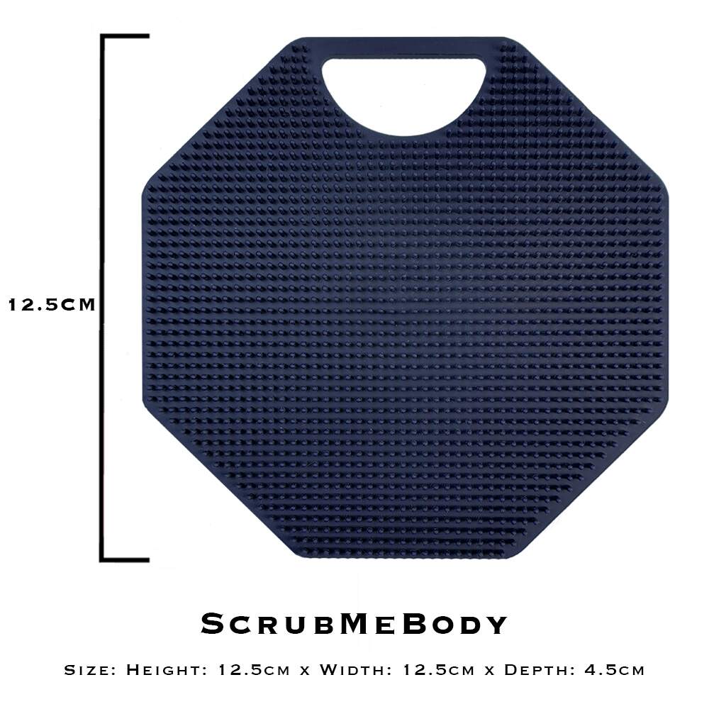 ScrubMeBody Breathtaking Blue body scrubber on white background with size guide showing 12.5 cm height and width and 4.5 cm depth.