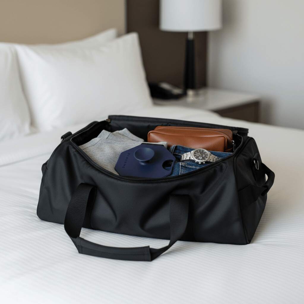 ScrubMeBody Breathtaking Blue body scrubber neatly packed inside a black weekend bag on a hotel bed alongside clothes, wallet and watch.