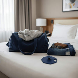ScrubMeBody Breathtaking Blue silicone body scrubber on a hotel bed beside a navy weekend bag, folded jeans, wallet and sunglasses ready for travel.
