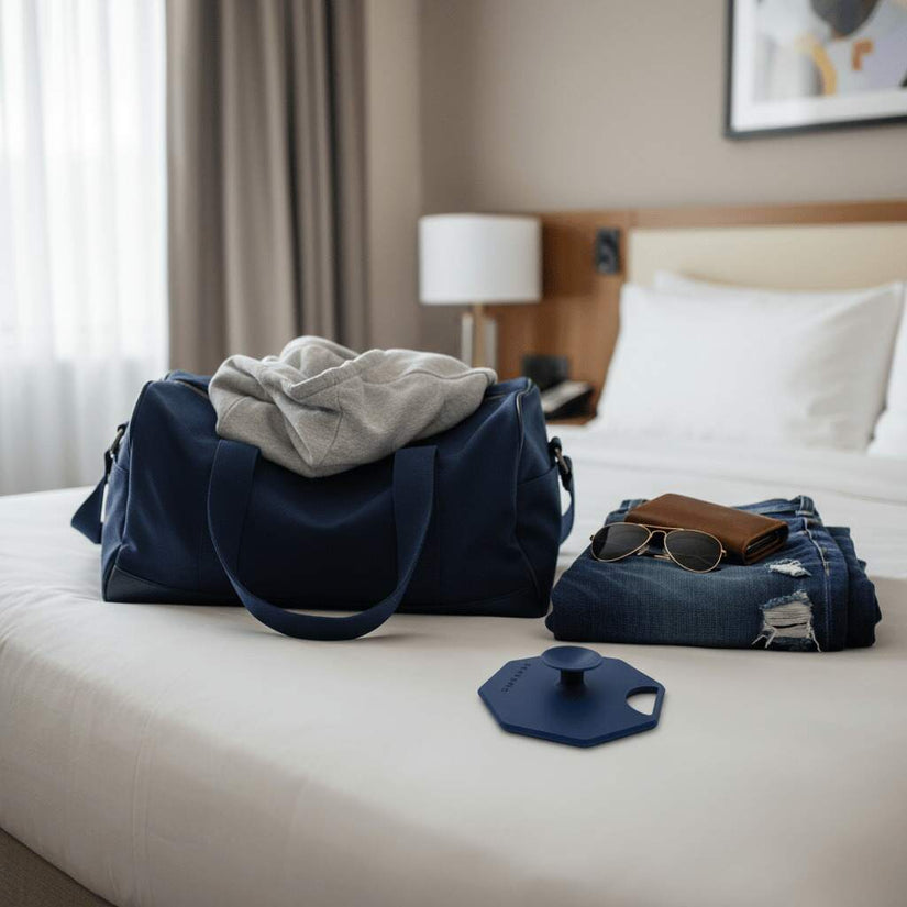 ScrubMeBody Breathtaking Blue silicone body scrubber on a hotel bed beside a navy weekend bag, folded jeans, wallet and sunglasses ready for travel.
