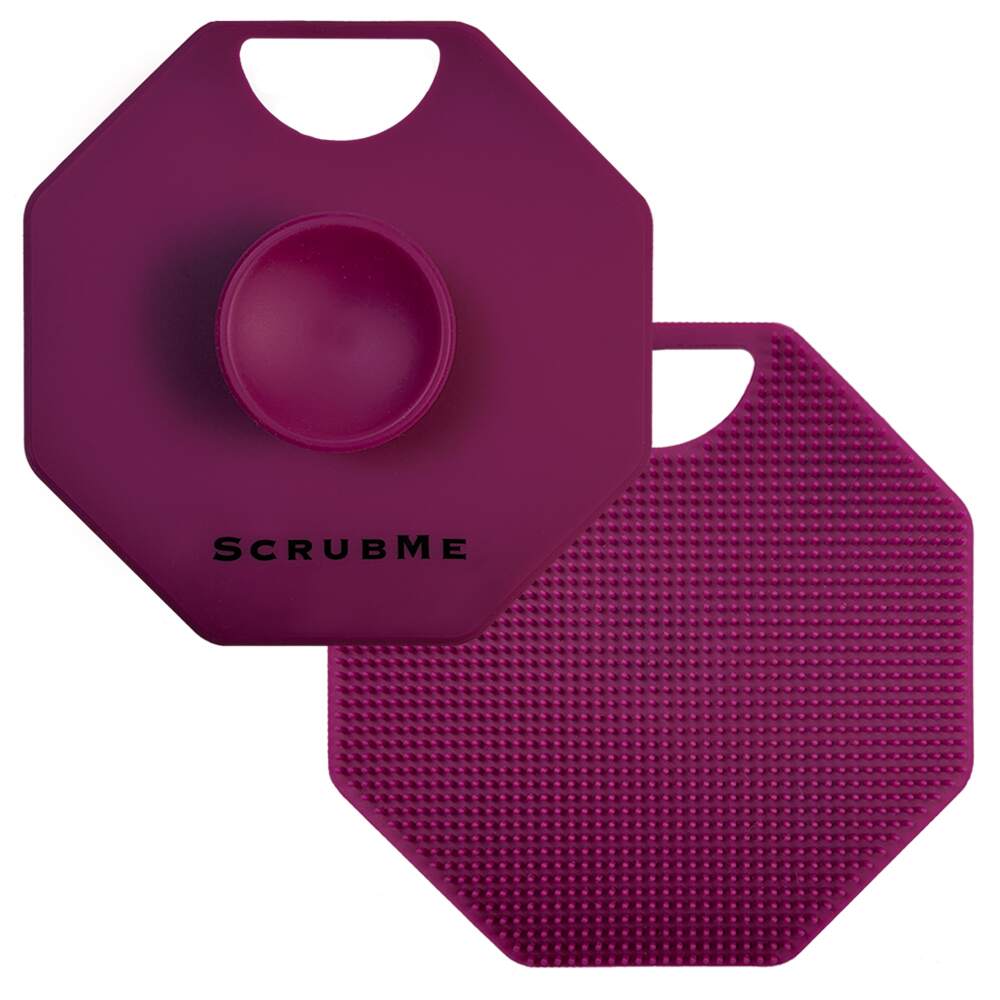 ScrubMeBody Passionate Purple body scrubber front and back showing dense silicone bristles and suction-grip handle.
