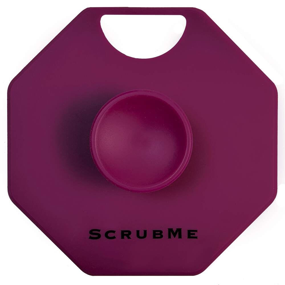 ScrubMeBody Passionate Purple body scrubber handle side shown on white background highlighting ergonomic grip.