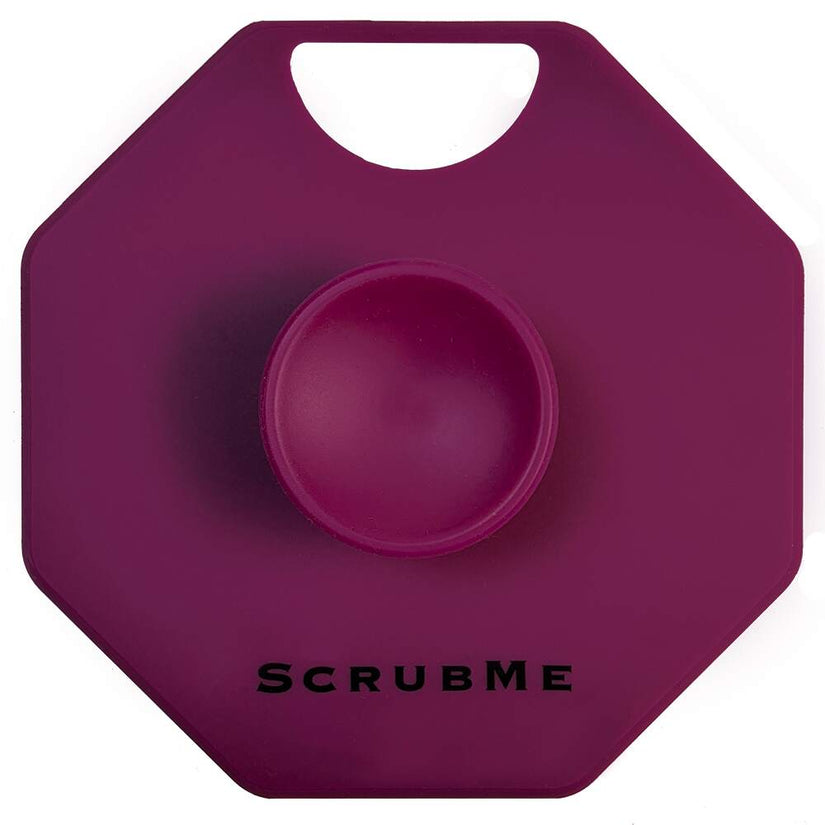 ScrubMeBody Passionate Purple body scrubber handle side shown on white background highlighting ergonomic grip.