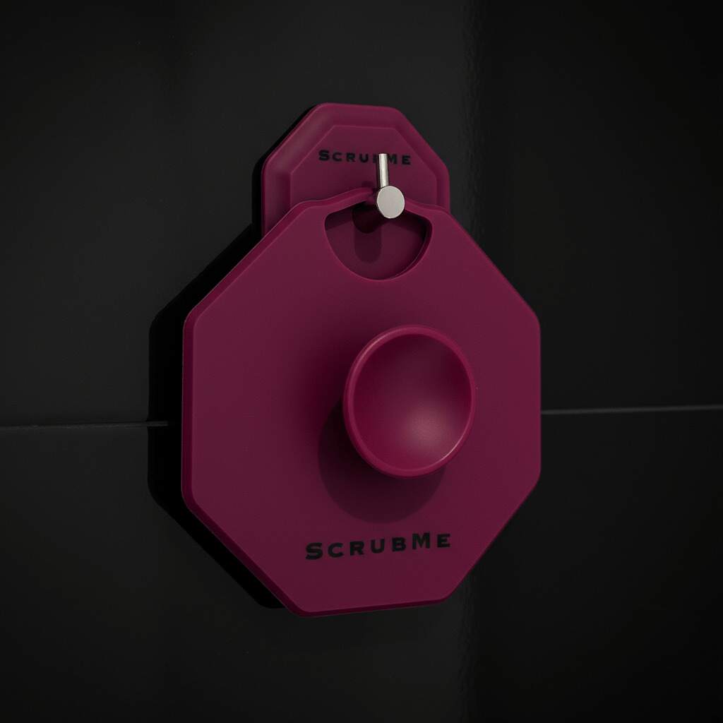 ScrubMeBody Passionate Purple silicone body scrubber hanging on a chrome hook against sleek black bathroom tiles.