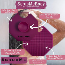 ScrubMeBody Passionate Purple infographic highlighting exfoliating bristles, anti-bacterial silicone, and travel convenience.