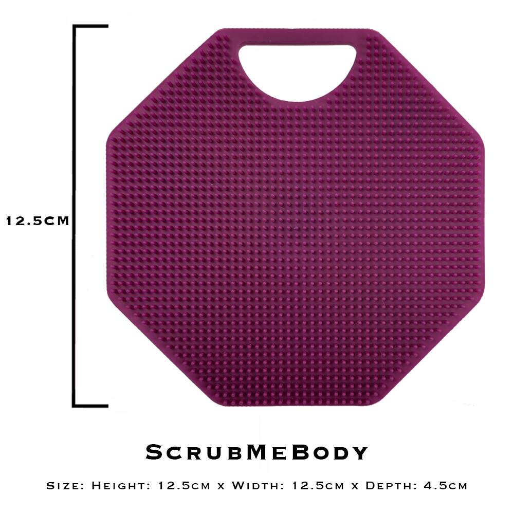 ScrubMeBody Passionate Purple silicone body scrubber with printed size guide 12.5 cm × 12.5 cm × 4.5 cm.