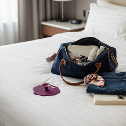 ScrubMeBody Passionate Purple silicone body scrubber beside navy travel bag and toiletries on a hotel bed.