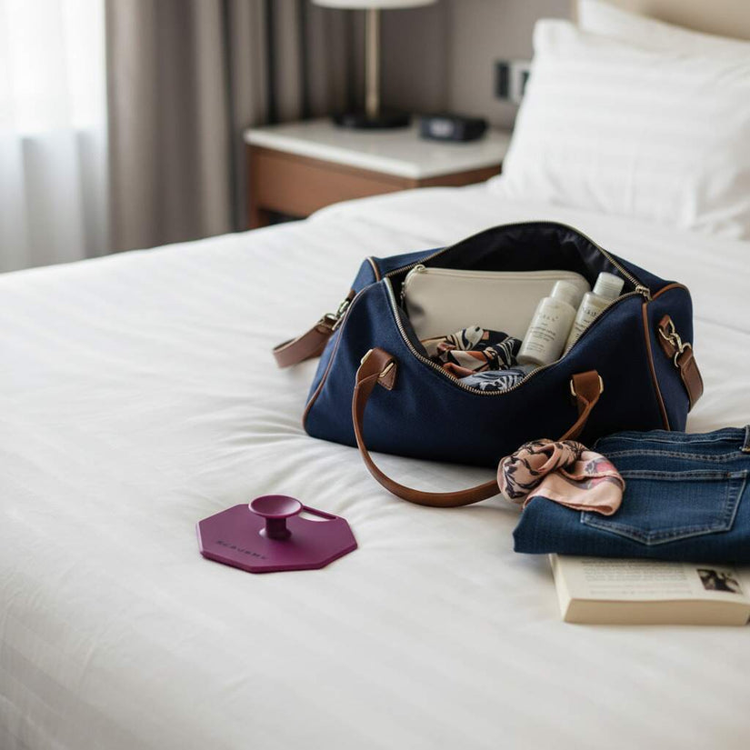 ScrubMeBody Passionate Purple silicone body scrubber beside navy travel bag and toiletries on a hotel bed.