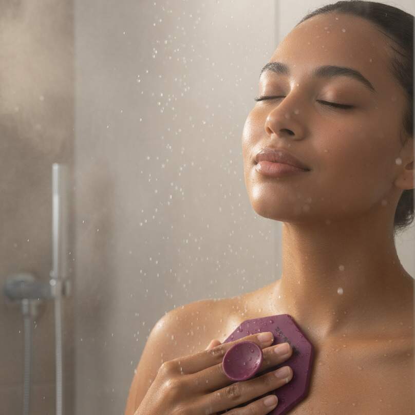 Woman enjoying a hot shower exfoliating her chest with ScrubMeBody Passionate Purple silicone body scrubber.