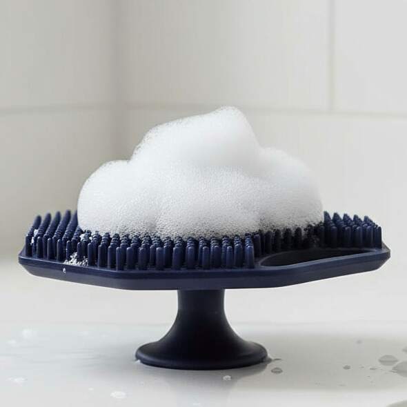 ScrubMeFace Breathtaking Blue face scrubber standing upright with a cloud of foamy lather covering the silicone bristles.