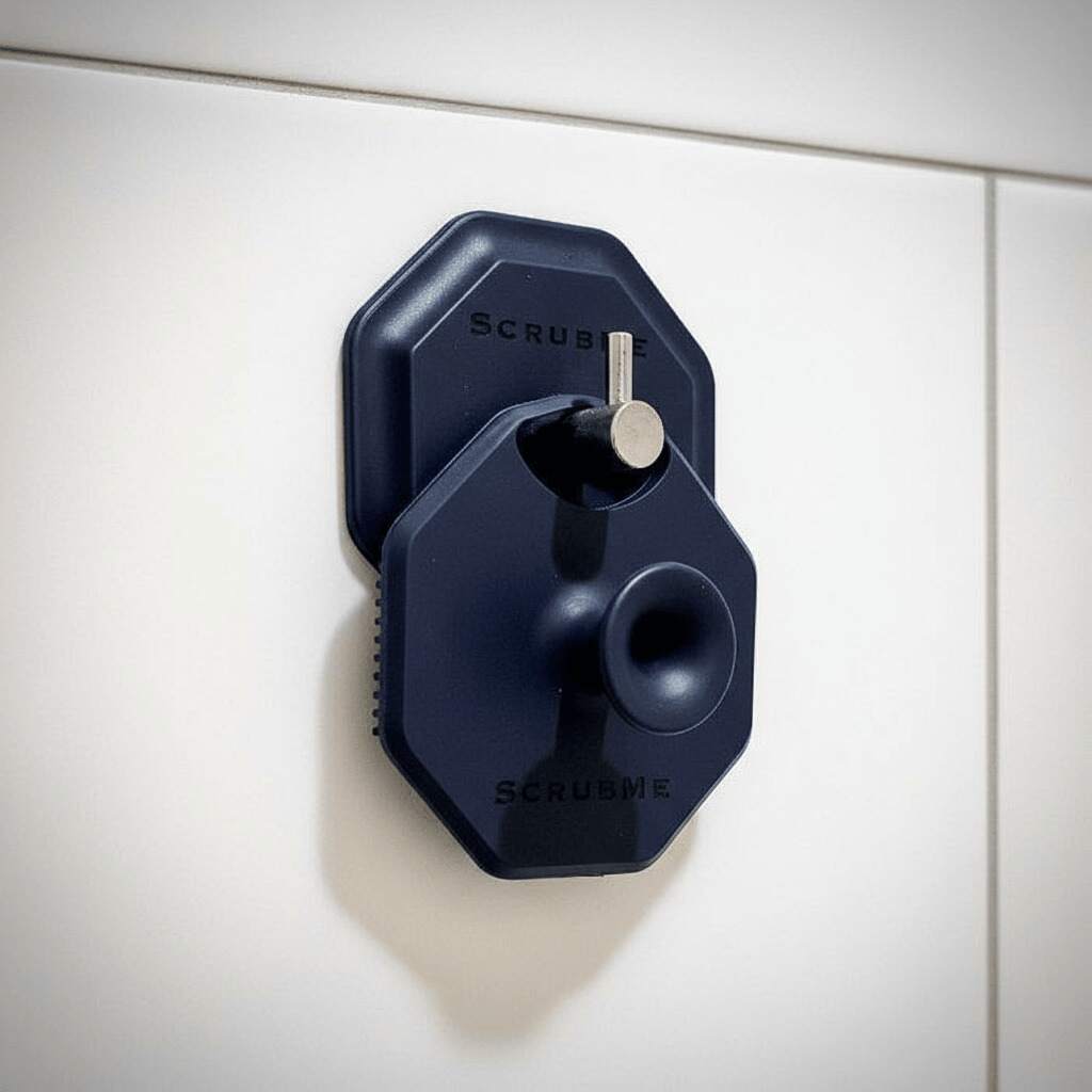 ScrubMeFace Breathtaking Blue face scrubber hanging neatly on a HookMe holder against white bathroom tiles.