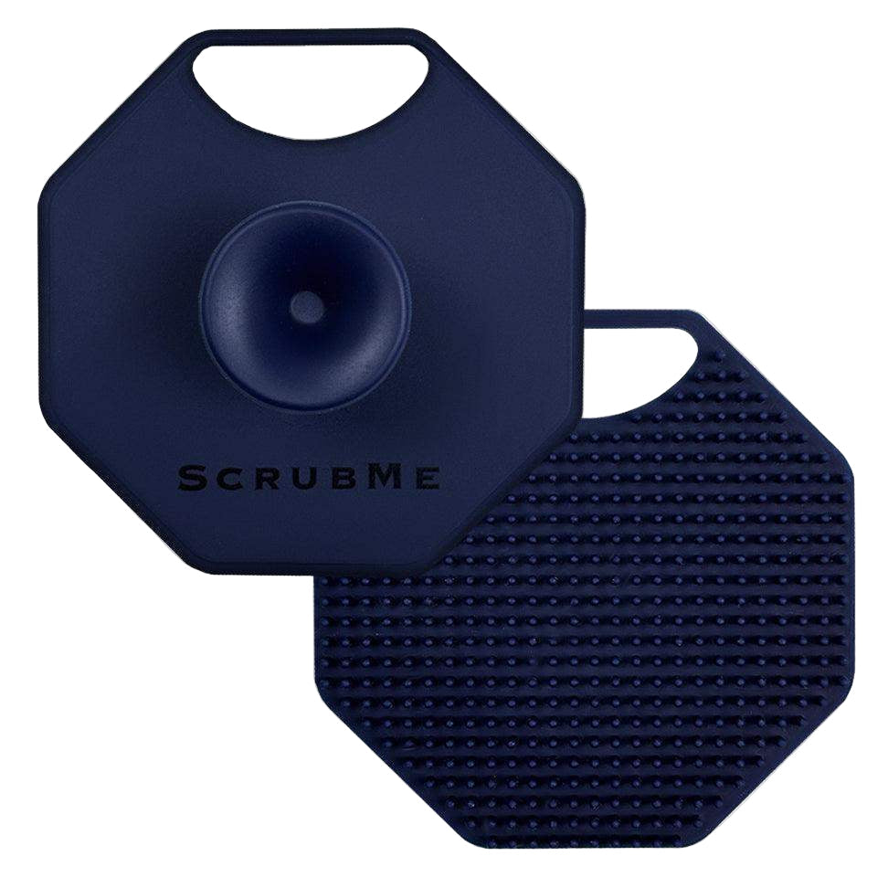 Front and back view of ScrubMeFace Breathtaking Blue silicone face scrubber showing bristles and handle.