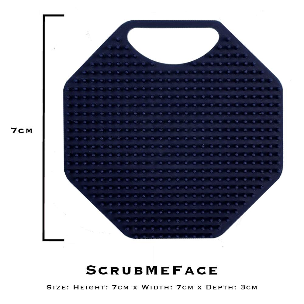 ScrubMeFace Breathtaking Blue silicone face scrubber with a 7 cm size guide showing height, width and depth.