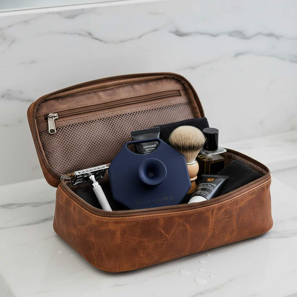 Breathtaking Blue ScrubMeFace face scrubber packed in brown leather wash bag on marble surface.