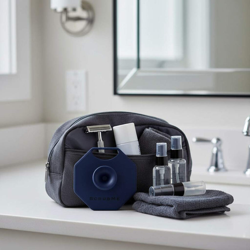 ScrubMeFace Breathtaking Blue face scrubber next to grey wash bag and toiletries on bathroom counter.