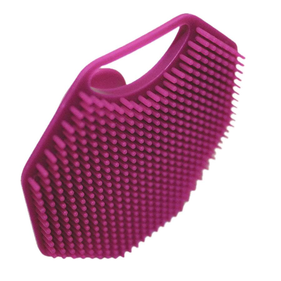 Side angle of the ScrubMeFace Passionate Purple silicone face scrubber highlighting flexible cleansing bristles.