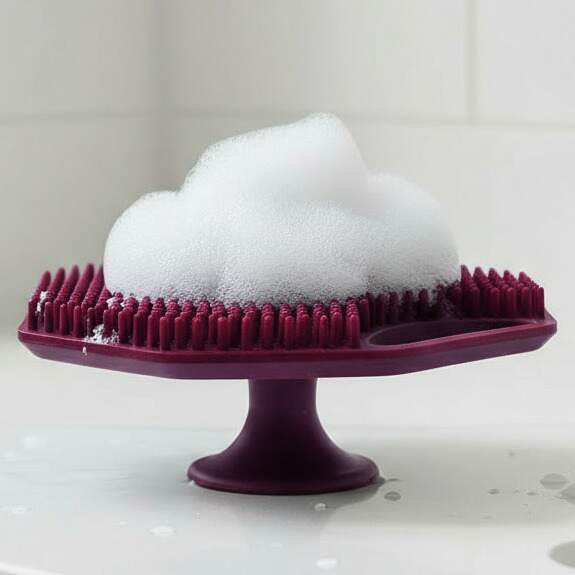 ScrubMeFace Passionate Purple face scrubber standing on its suction base with a cloud of foamy cleanser on the bristles.