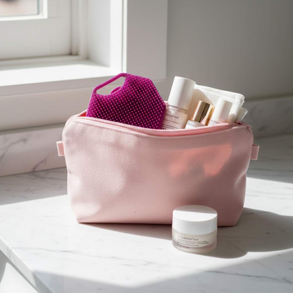 ScrubMeFace Passionate Purple exfoliating face scrubber in a soft pink toiletry bag with skincare bottles on a sunny marble bathroom surface.