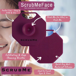 ScrubMeFace Passionate Purple face scrubber graphic highlighting features like exfoliating silicone bristles and quick dry design.