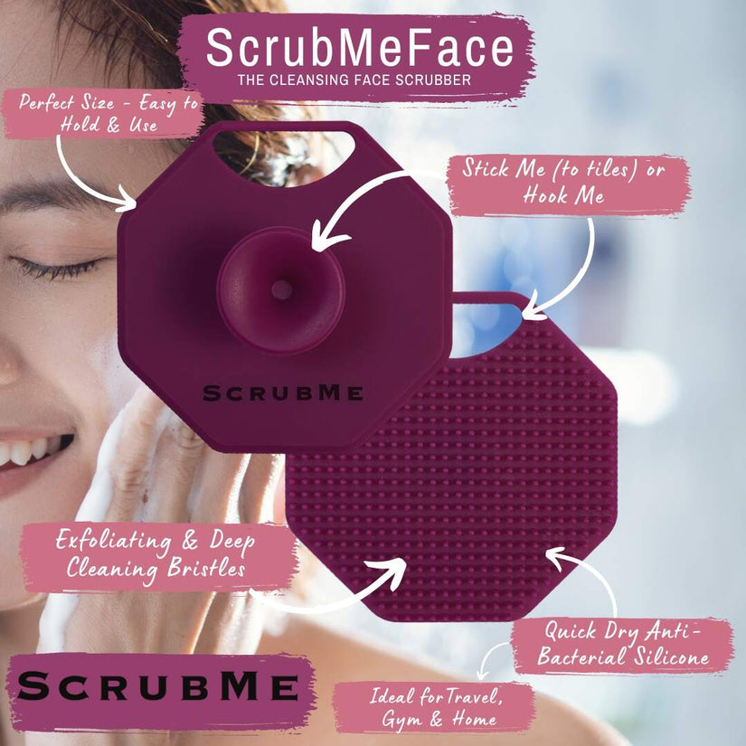 ScrubMeFace Passionate Purple face scrubber graphic highlighting features like exfoliating silicone bristles and quick dry design.