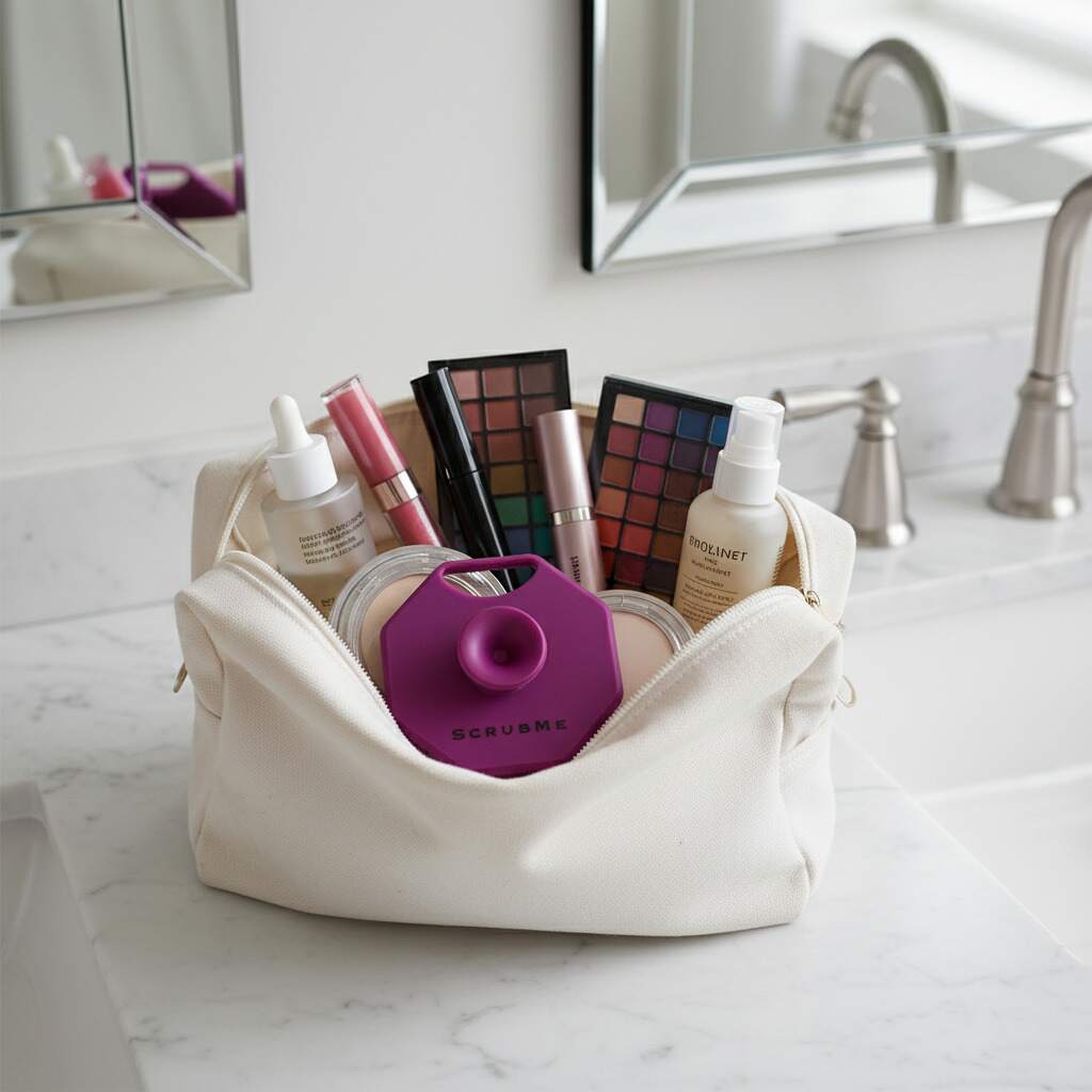 ScrubMeFace Passionate Purple face scrubber packed inside a cosmetic bag on a marble bathroom countertop.
