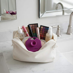 ScrubMeFace Passionate Purple face scrubber packed inside a cosmetic bag on a marble bathroom countertop.