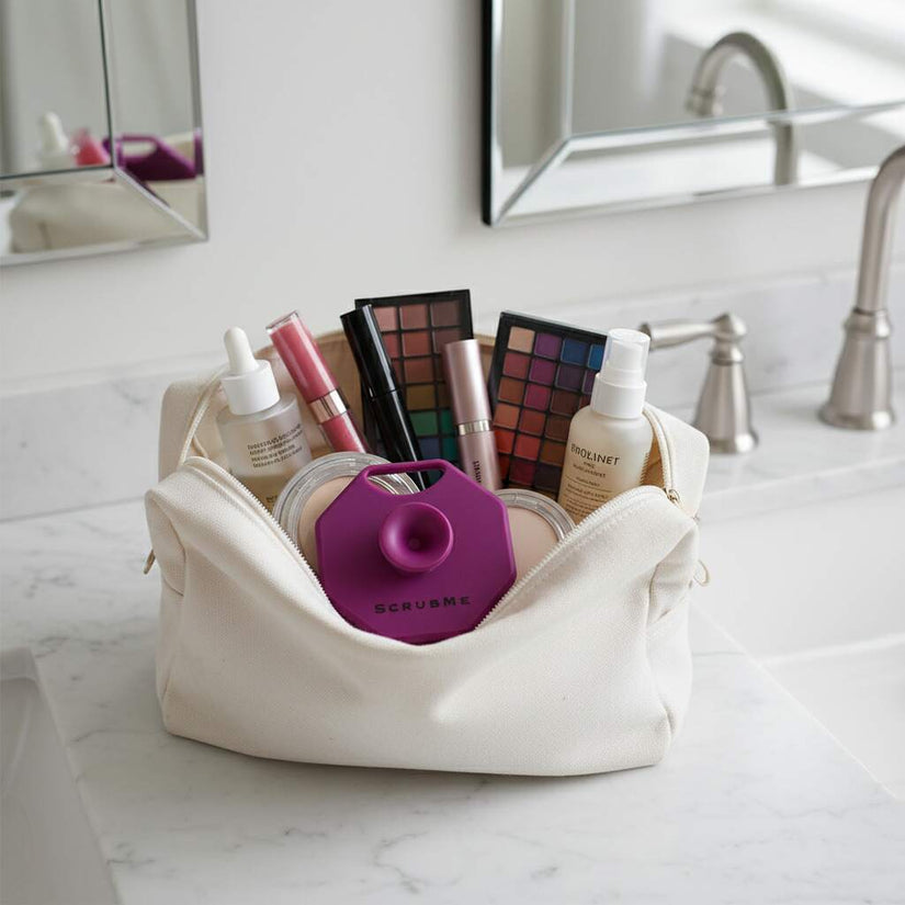 ScrubMeFace Passionate Purple face scrubber packed inside a cosmetic bag on a marble bathroom countertop.