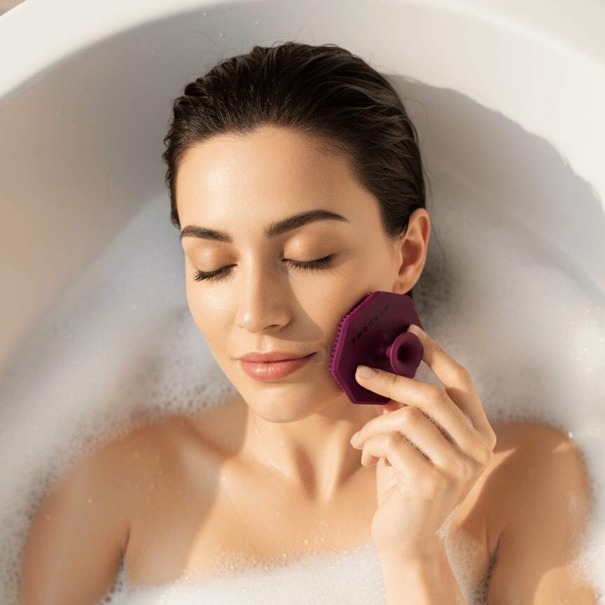 Woman relaxing in a bubble bath while massaging her face with the ScrubMeFace Passionate Purple silicone face scrubber.