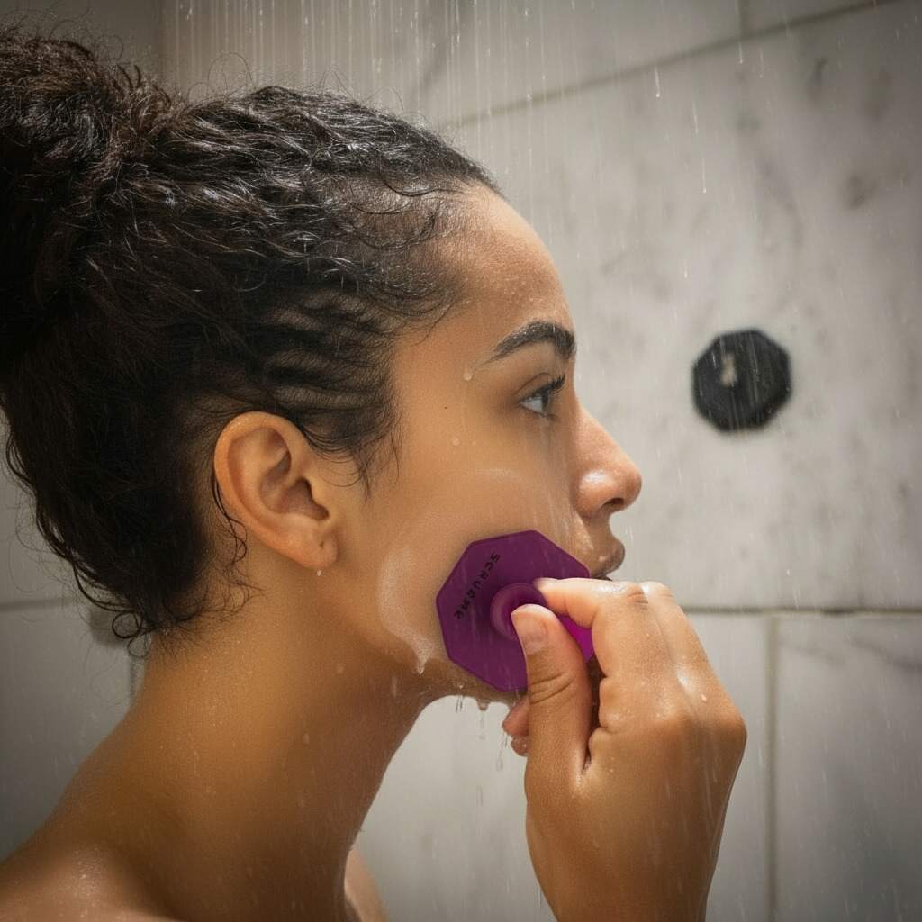 Woman in the shower gently exfoliating her jawline with the ScrubMeFace Passionate Purple silicone scrubber.