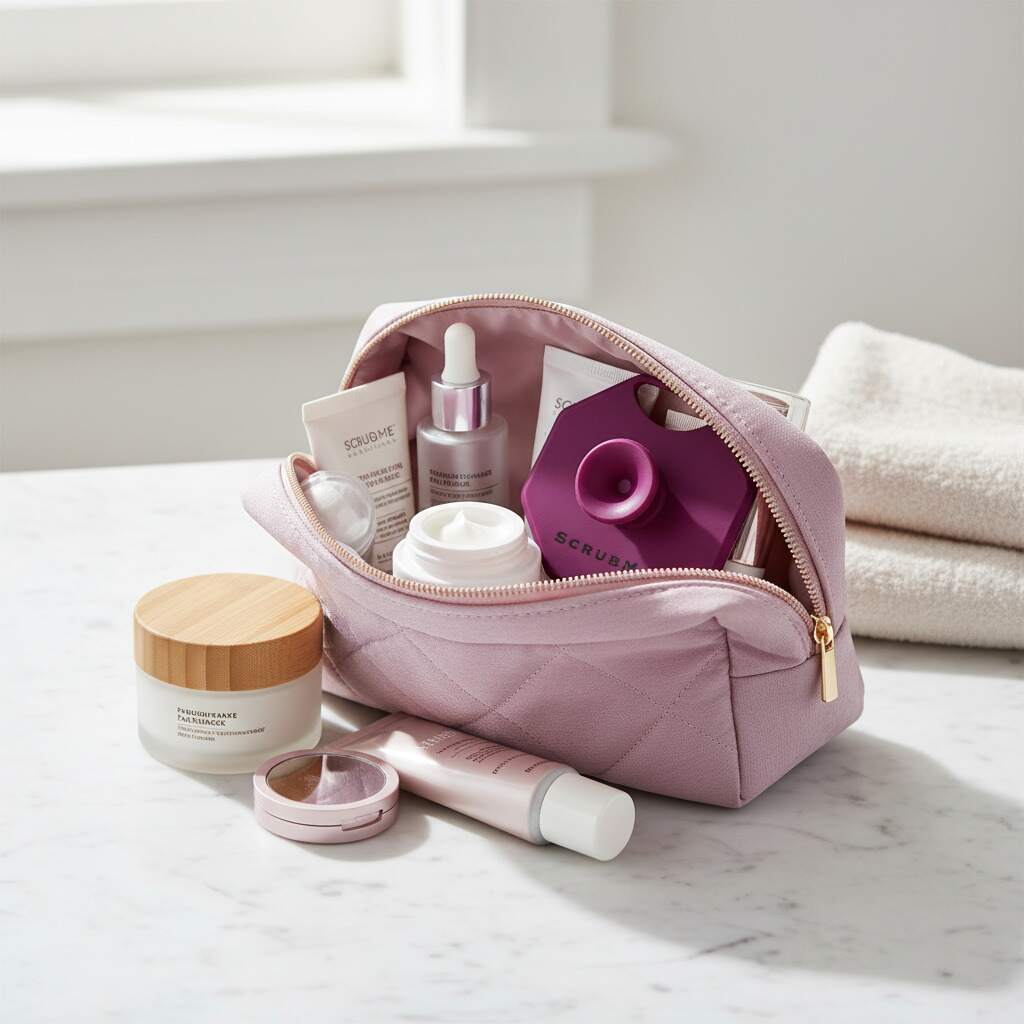 ScrubMeFace Passionate Purple silicone face scrubber tucked inside a quilted pink makeup bag with skincare essentials on a marble counter.