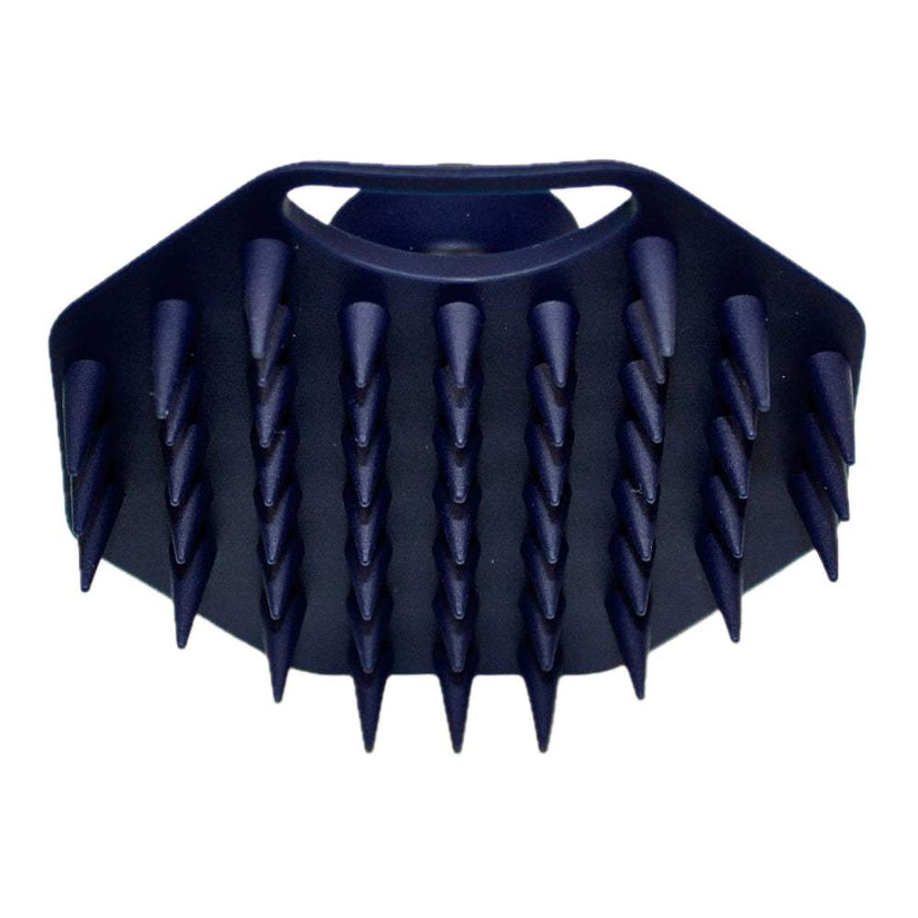 Underside close-up of the ScrubMeScalp Breathtaking Blue silicone scalp scrubber showing long massaging
bristles