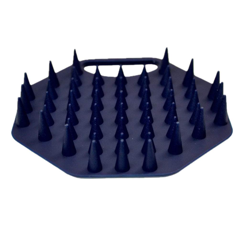 Top view of the ScrubMeScalp Breathtaking Blue silicone scalp scrubber showing rows of long massaging bristles